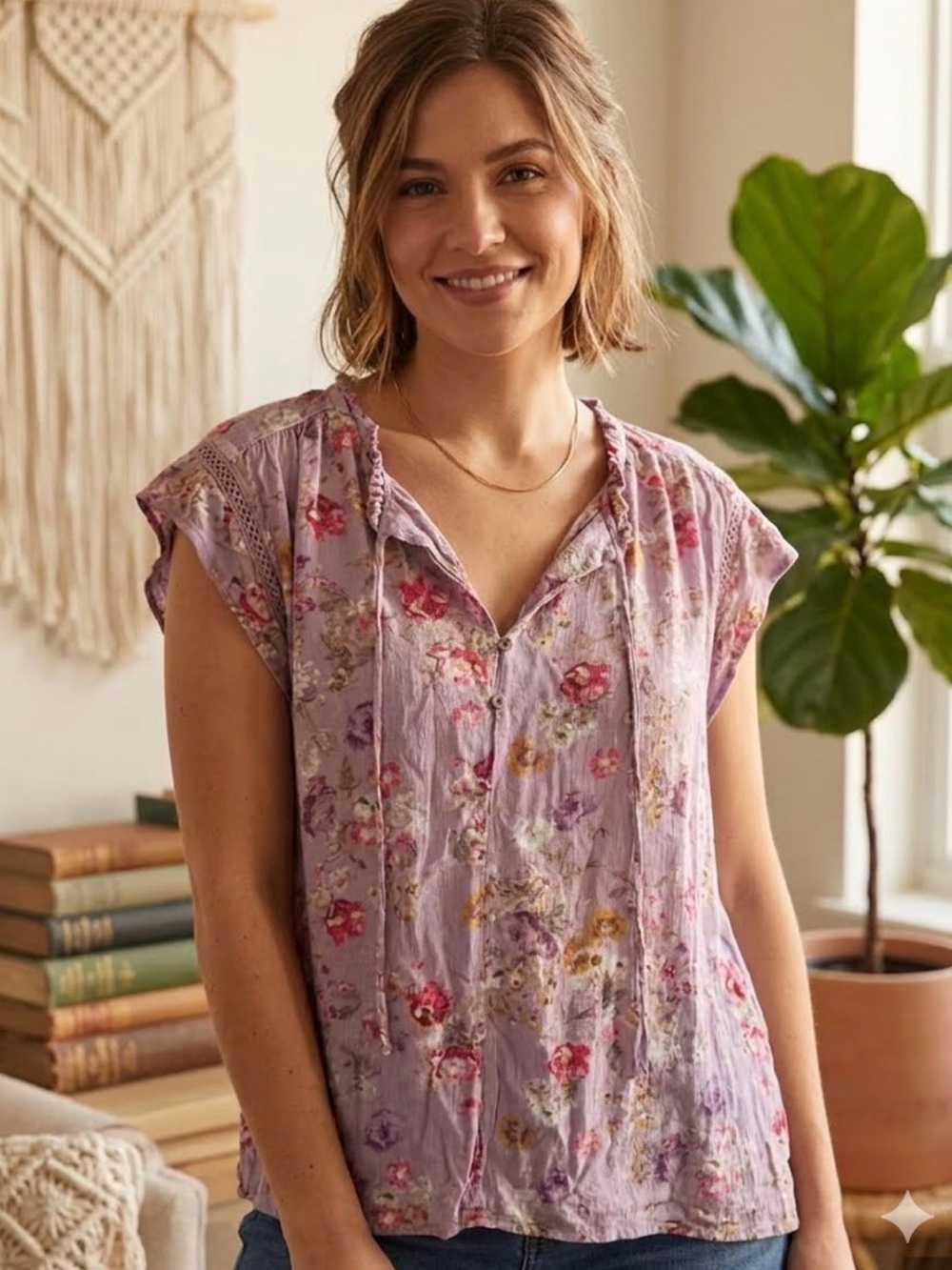 Buffalo David Bitton Lavender Floral Tie-Front Peasant Blouse